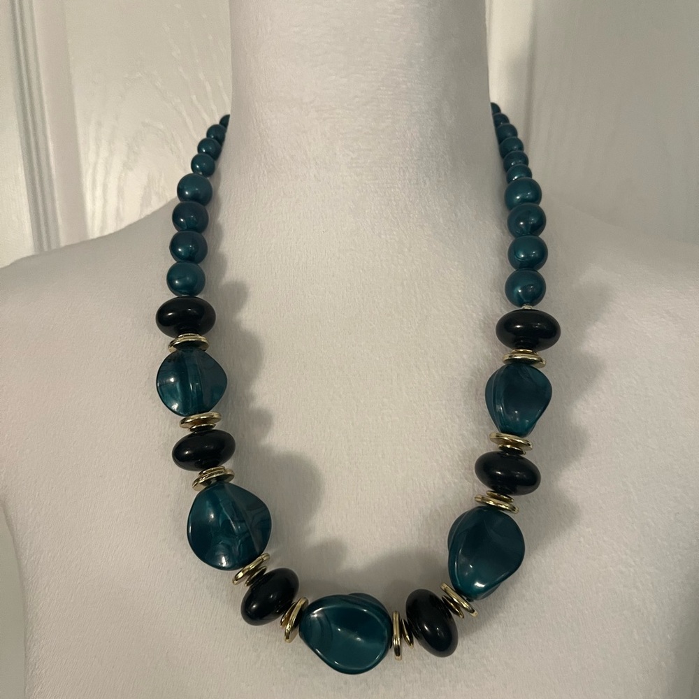 Teal and Black Beaded Statement Necklace Gold Tone 18 Inch